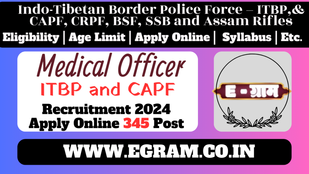 Medical Officer Recruitment 2024 for SSB, CRPF, CAPF ITBP, BSF, Assam Rifle